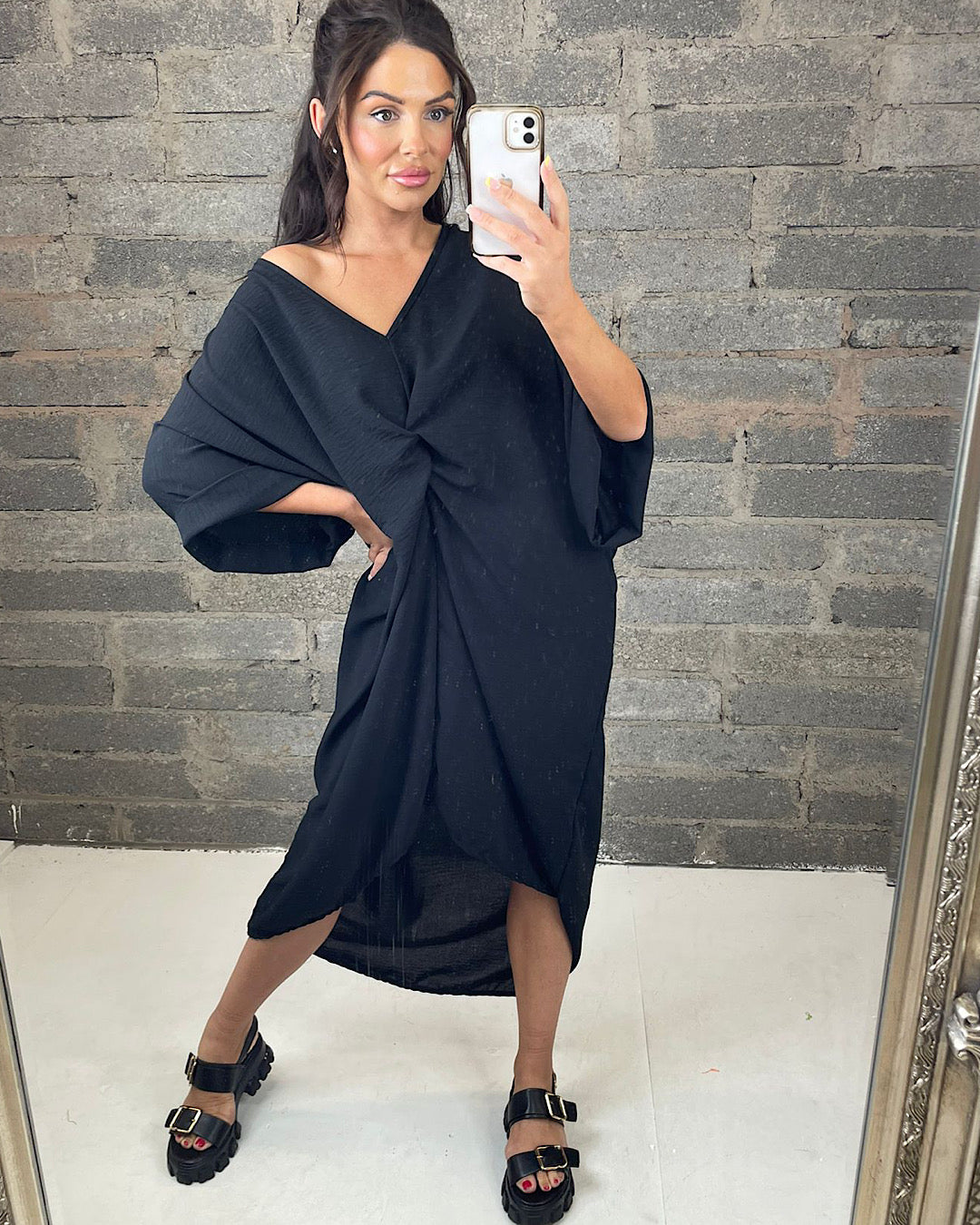 Black Oversized V Neck Knot Dress