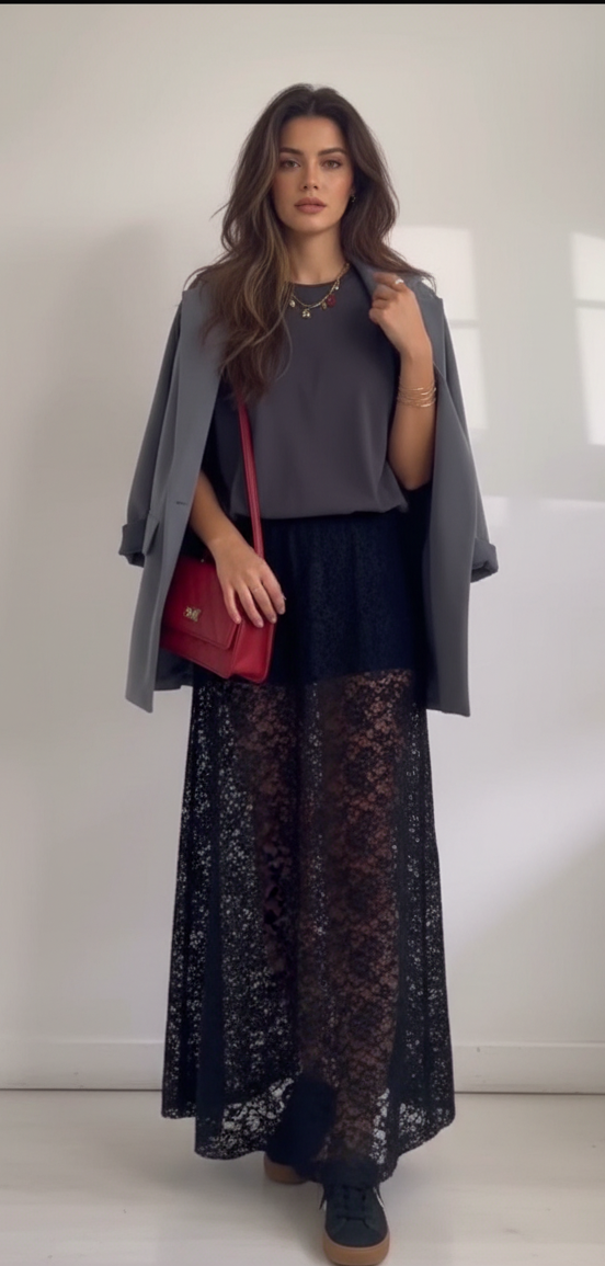Black Lace Maxi Skirt with Short