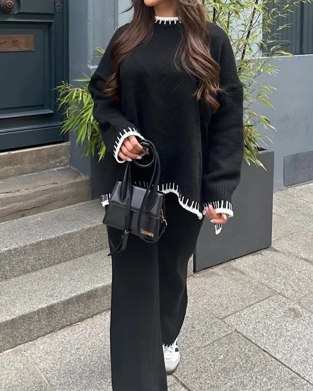 Black Contrast Stitch Knit Suit