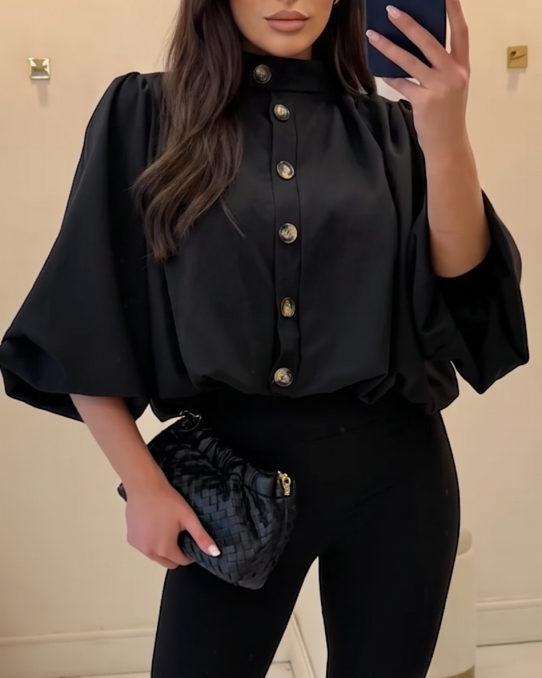 Black High Neck Button Top