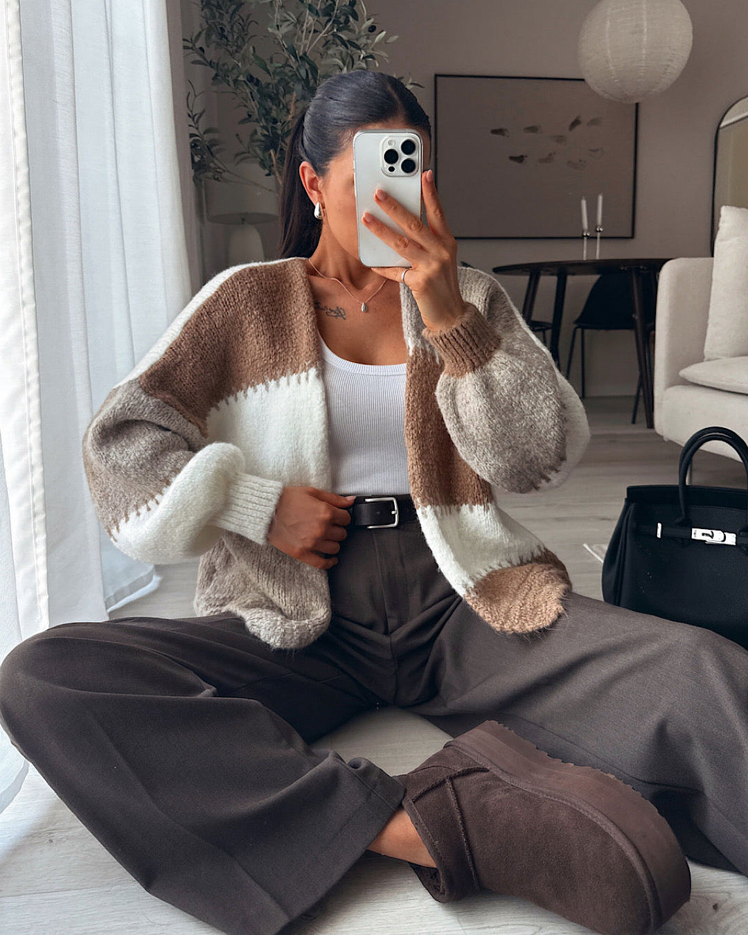 Beige and Chocolate Colour Block Cardigan