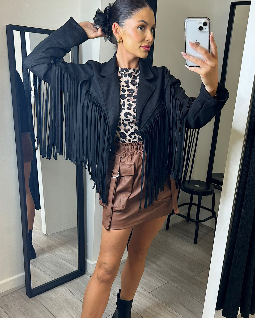 Black Faux Suede Fringe Jacket