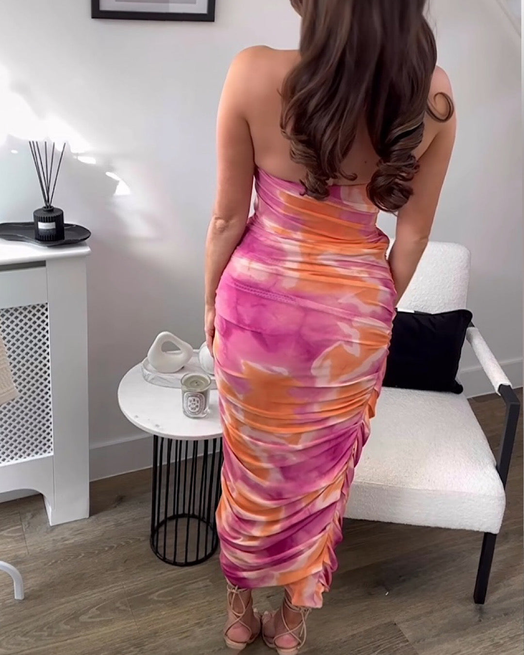 Ruched Mesh Midi Dress