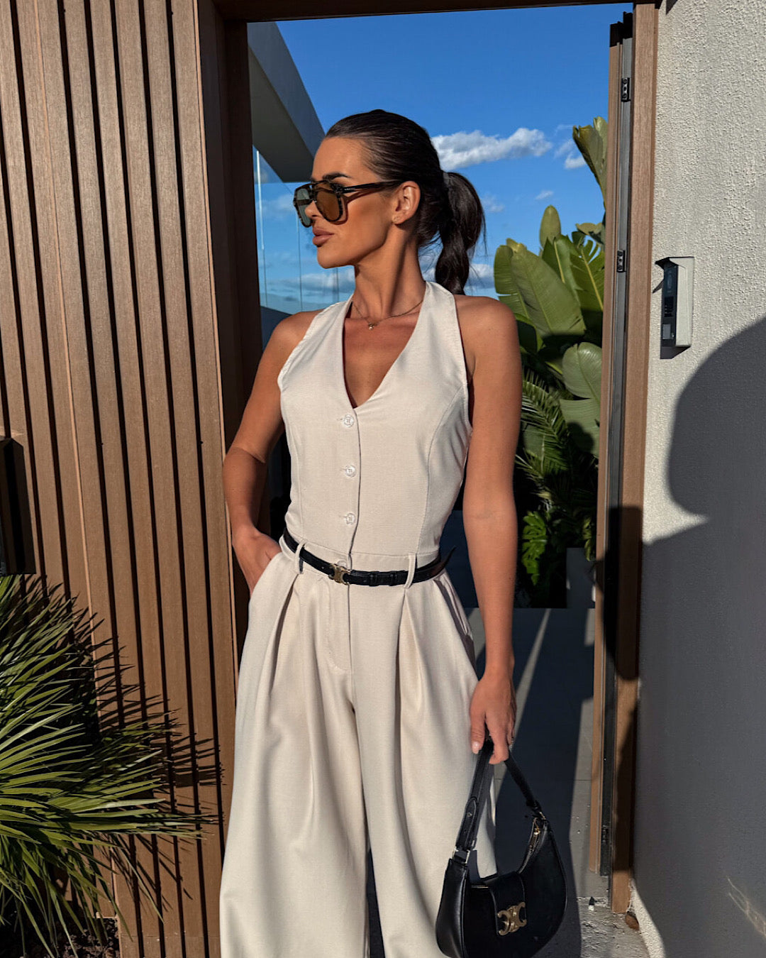 Beige Belted Waistcoat Jumpsuit