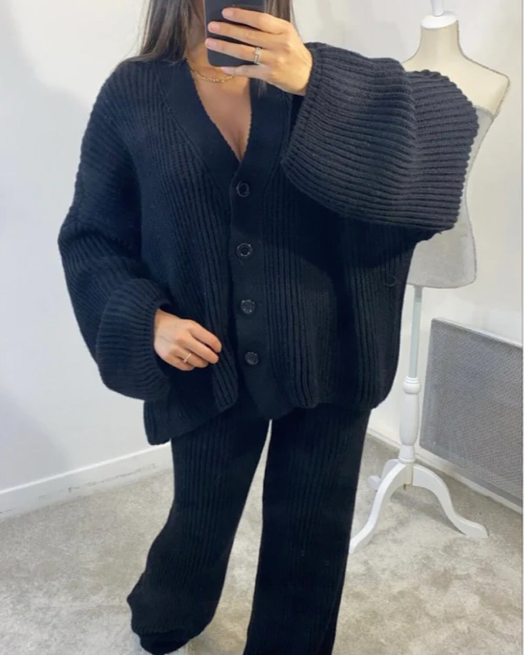 Black Knit Cardigan Suit