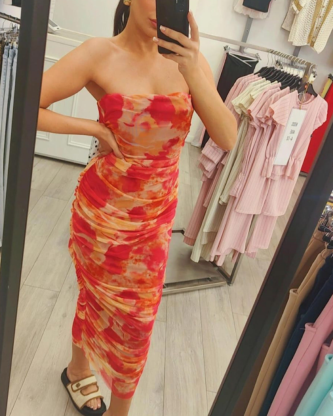 Ruched Mesh Midi Dress