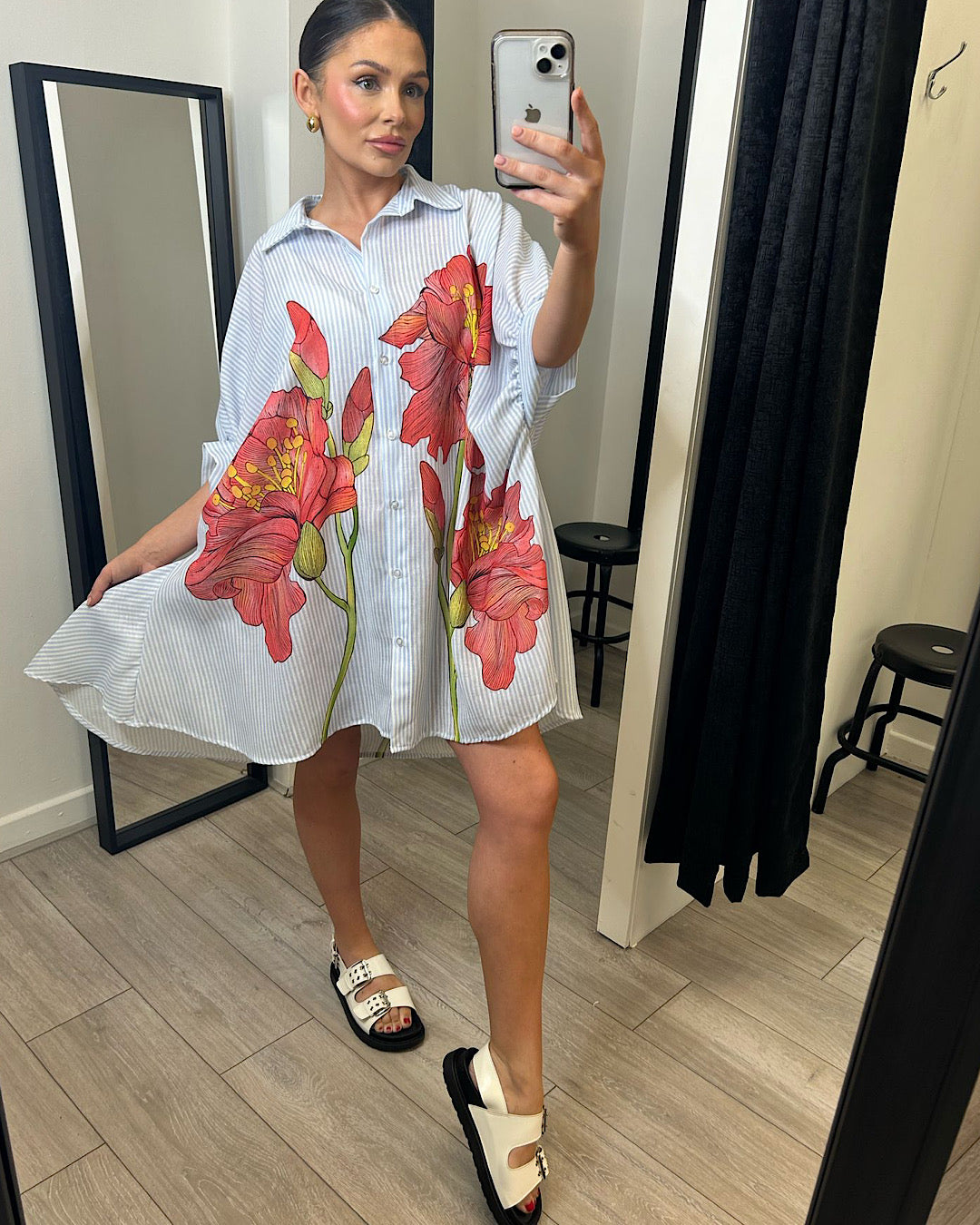 Oversized Blue Stripe Floral Print Shirt Dress