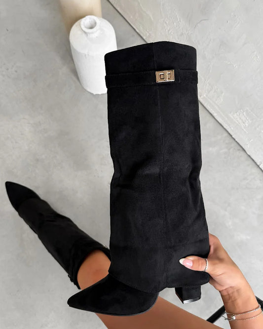 Black Faux Suede Buckle Knee Boots