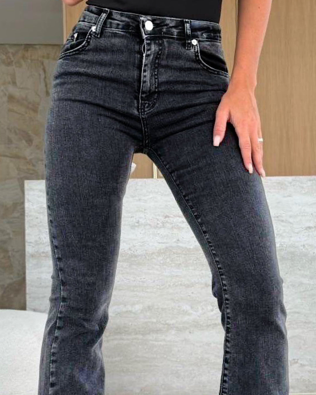 Stretch Flared Black Washed Jeans