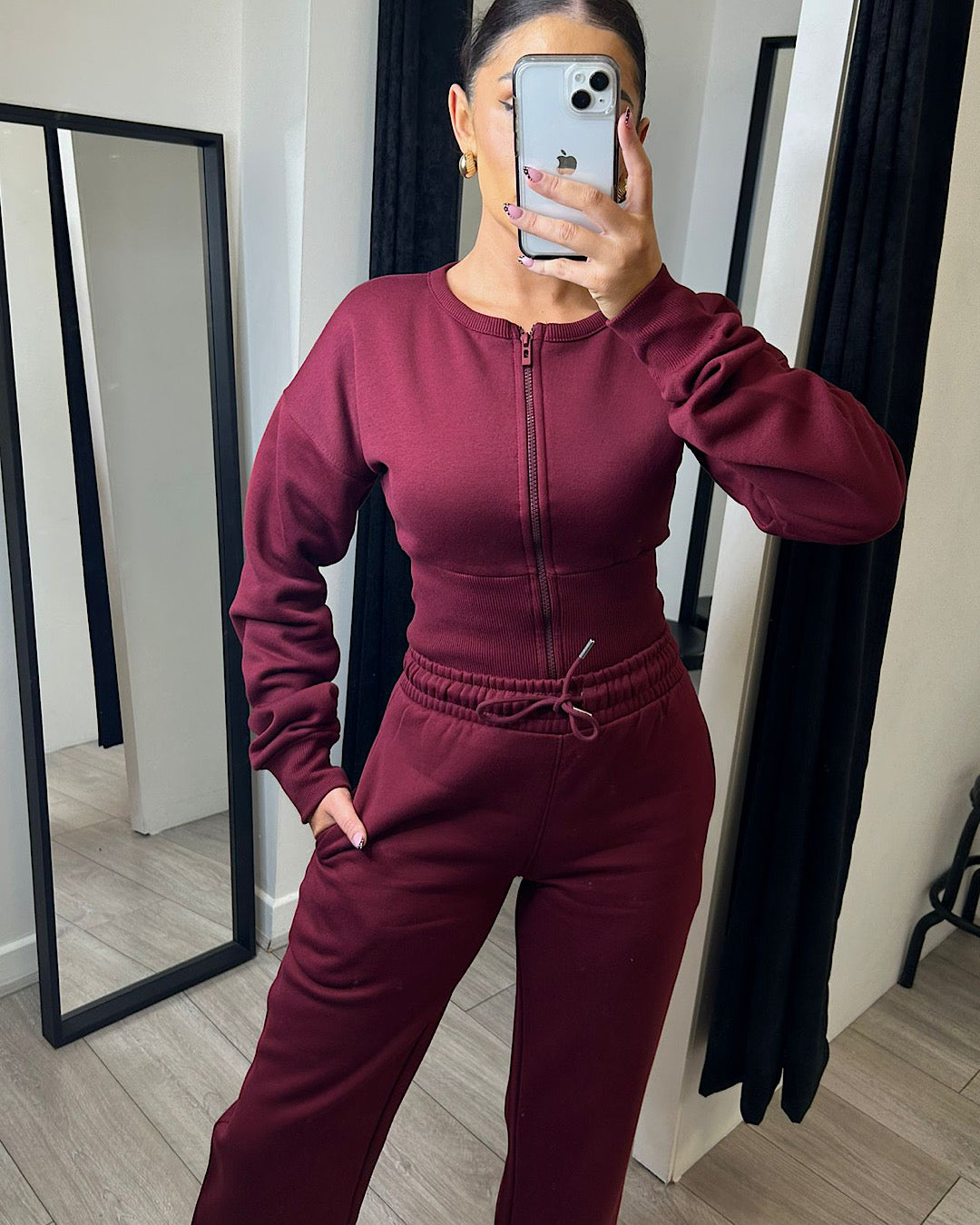 Wine Cinch Waist Jacket and Joggers Suit