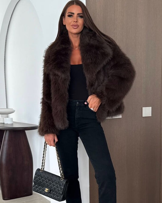 Chocolate Faux Fur Coat with Oversized Collar