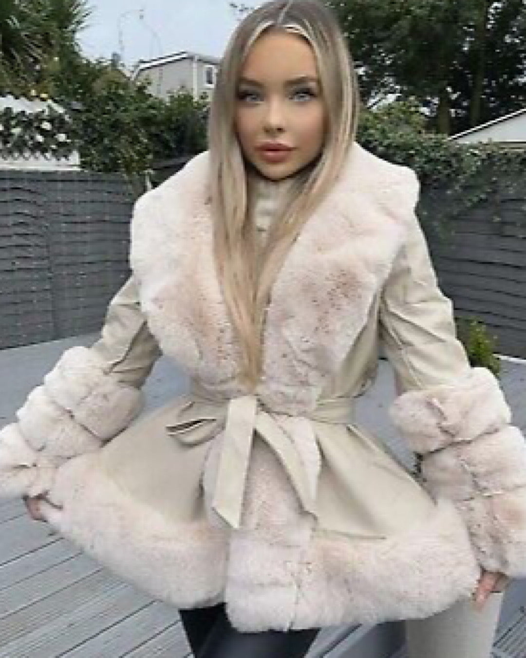 Beige Belted Faux Leather/Fur Jacket