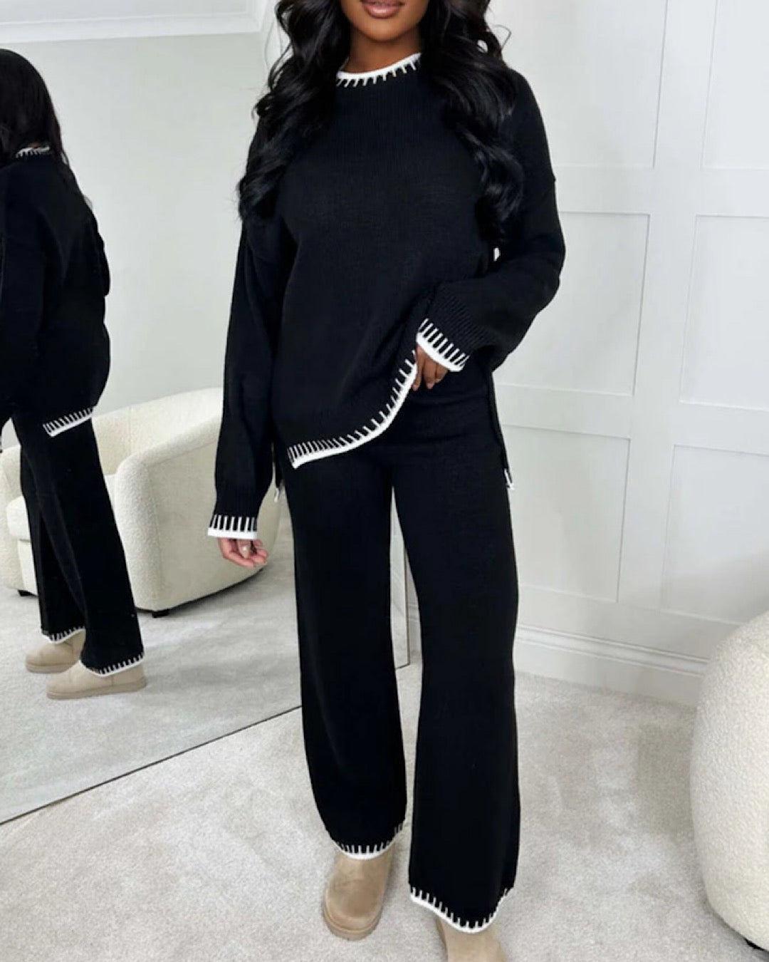 Black Contrast Stitch Knit Suit