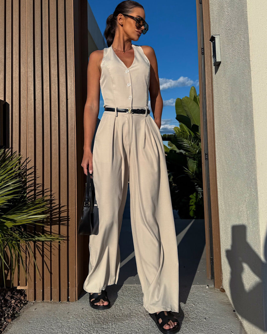 Beige Belted Waistcoat Jumpsuit