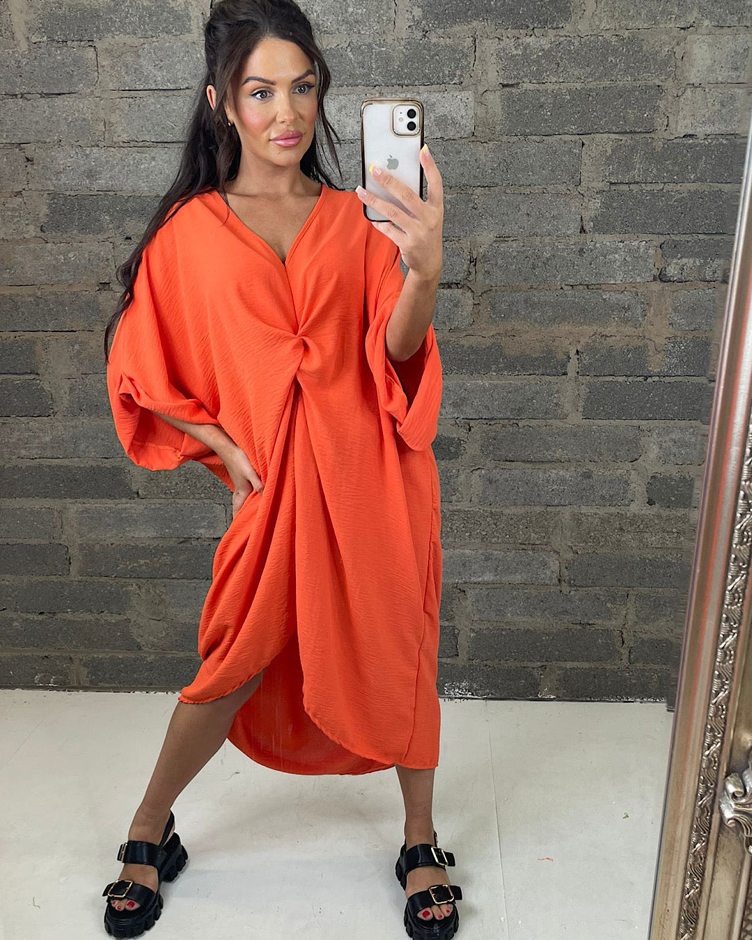 Orange Oversized V Neck Knot Dress