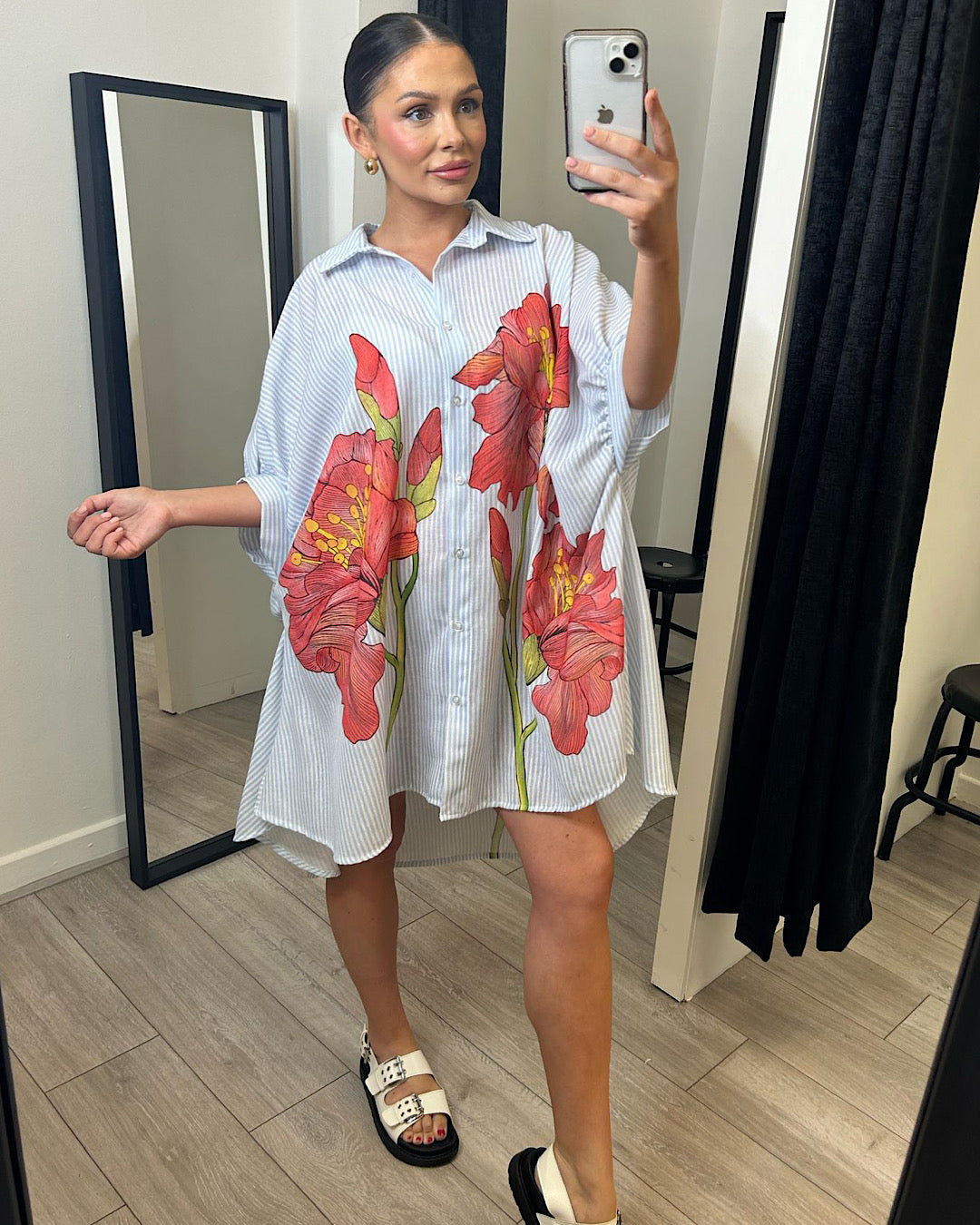 Oversized Blue Stripe Floral Print Shirt Dress