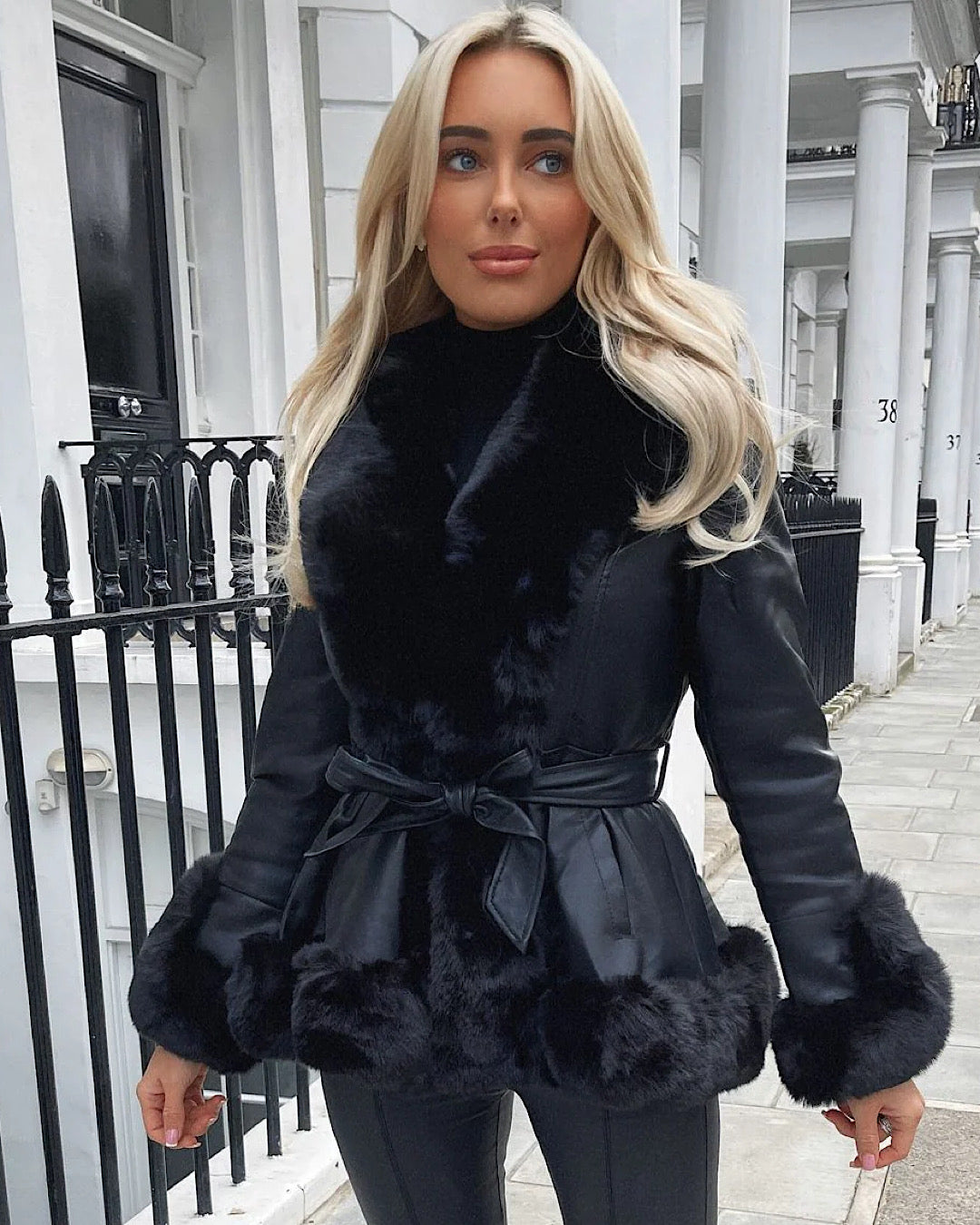 Black Belted Faux Leather/Fur Jacket