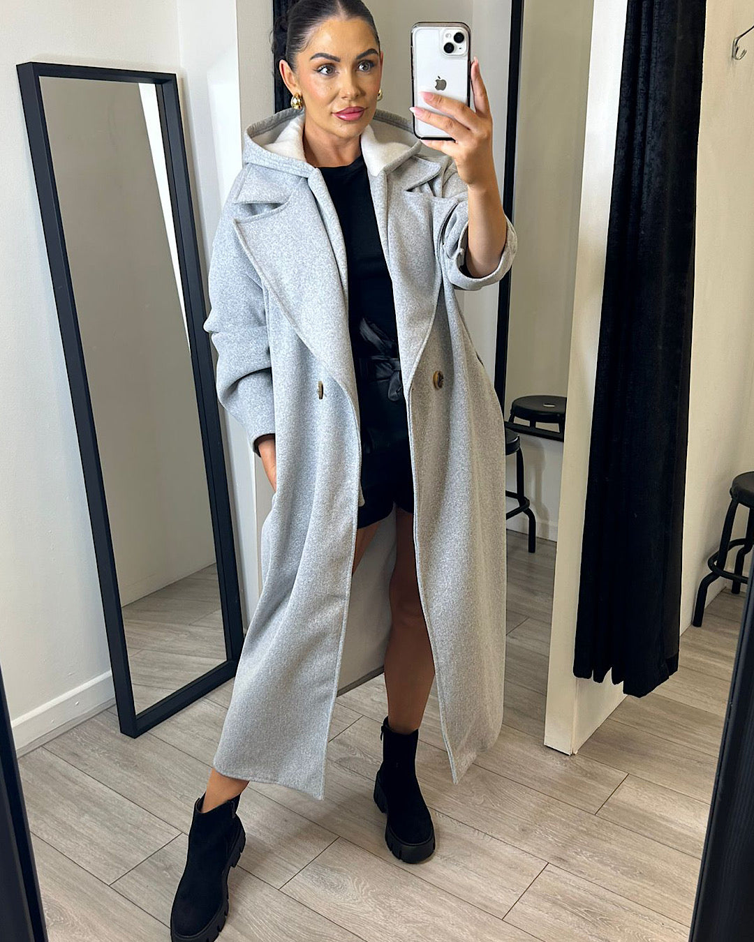 Grey Hooded Wool Coat