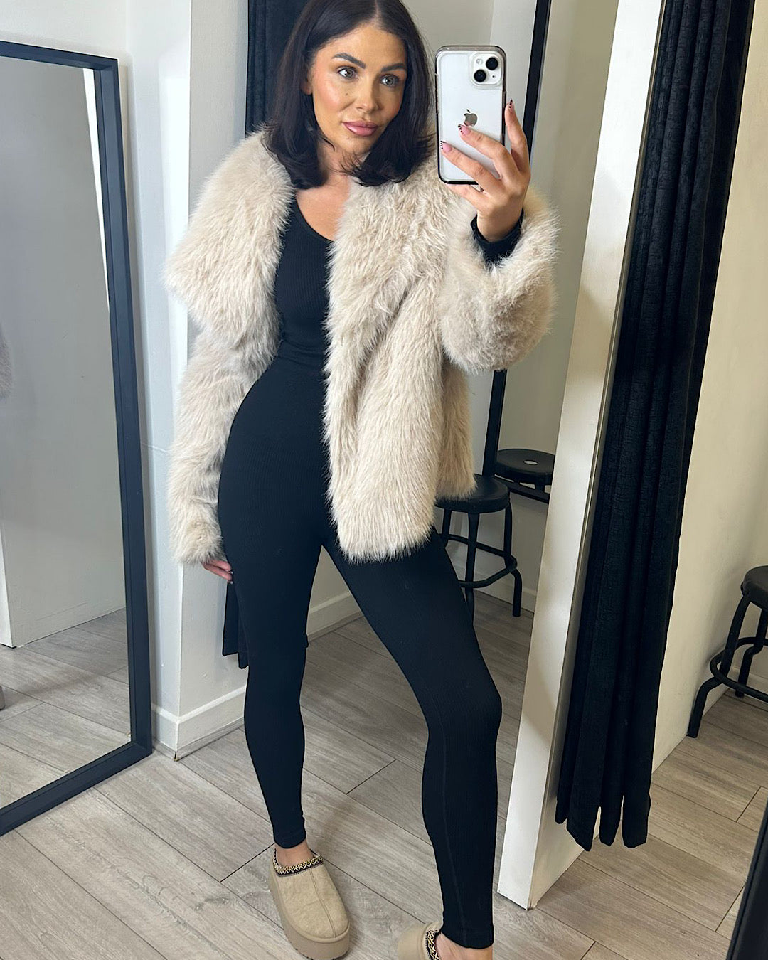 Beige Faux Fur Coat with Oversized Collar