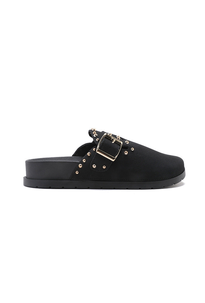 Black Studded Faux Suede Clogs
