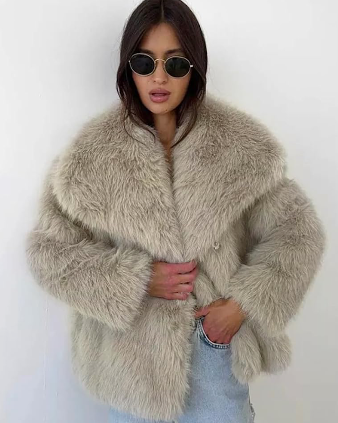 Beige Faux Fur Coat with Oversized Collar