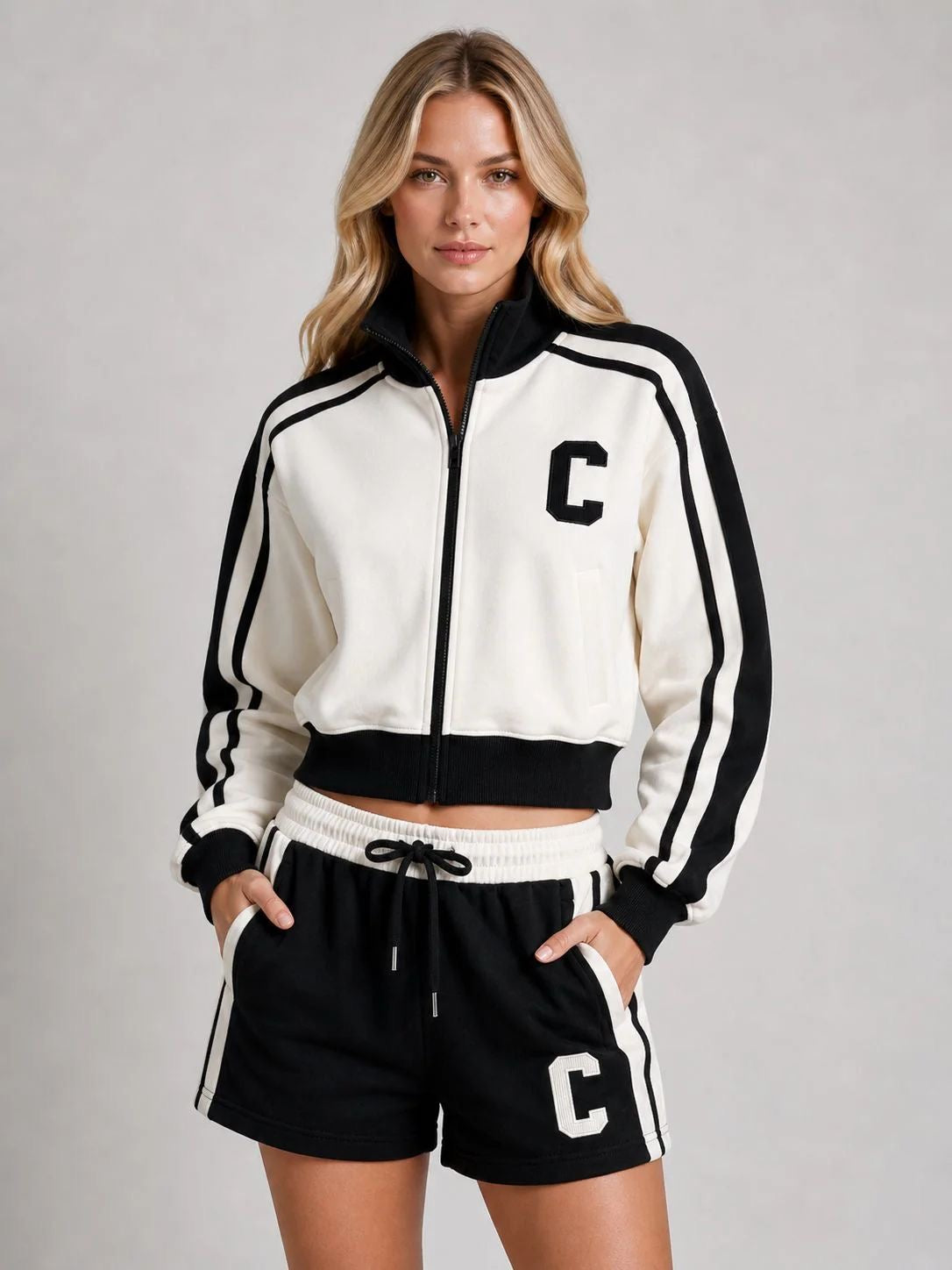 Black Cream Zip Jacket & Shorts