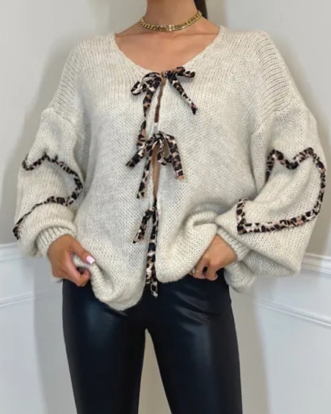 Beige Leopard Bow Cardigan