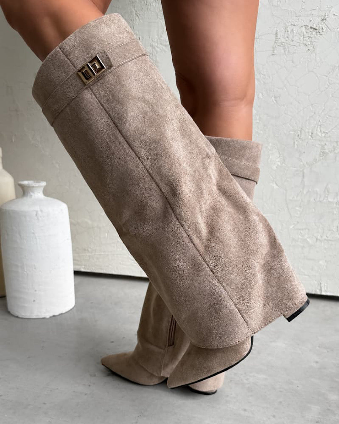 Beige Faux Suede Buckle Knee Boots