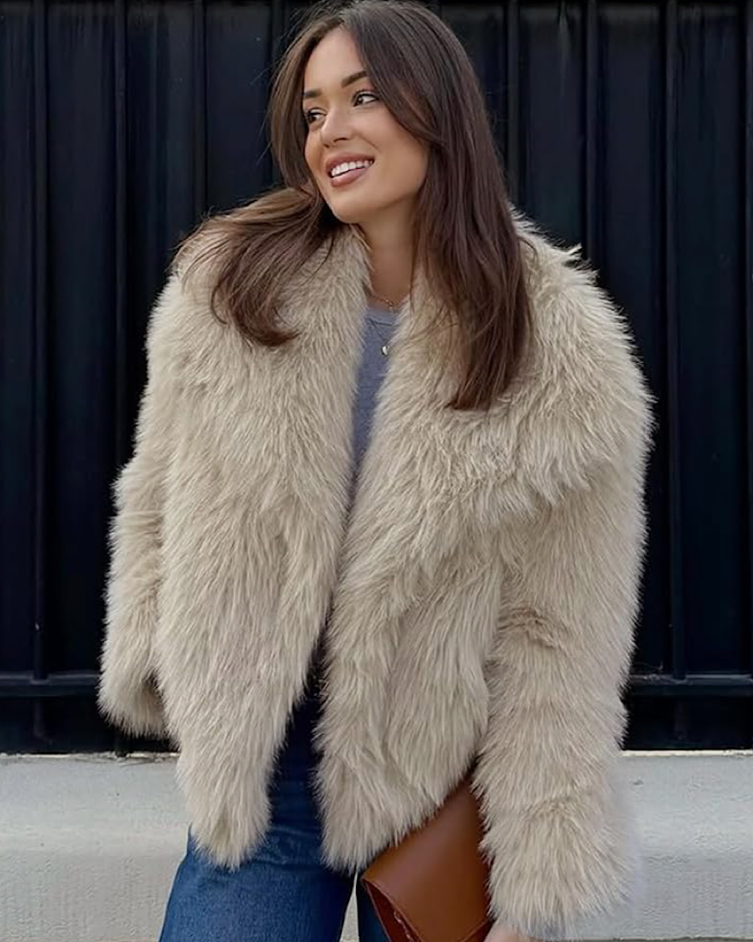 Beige Faux Fur Coat with Oversized Collar