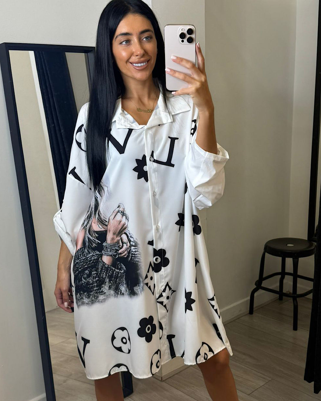 White with Black Oversized Shirt Dress