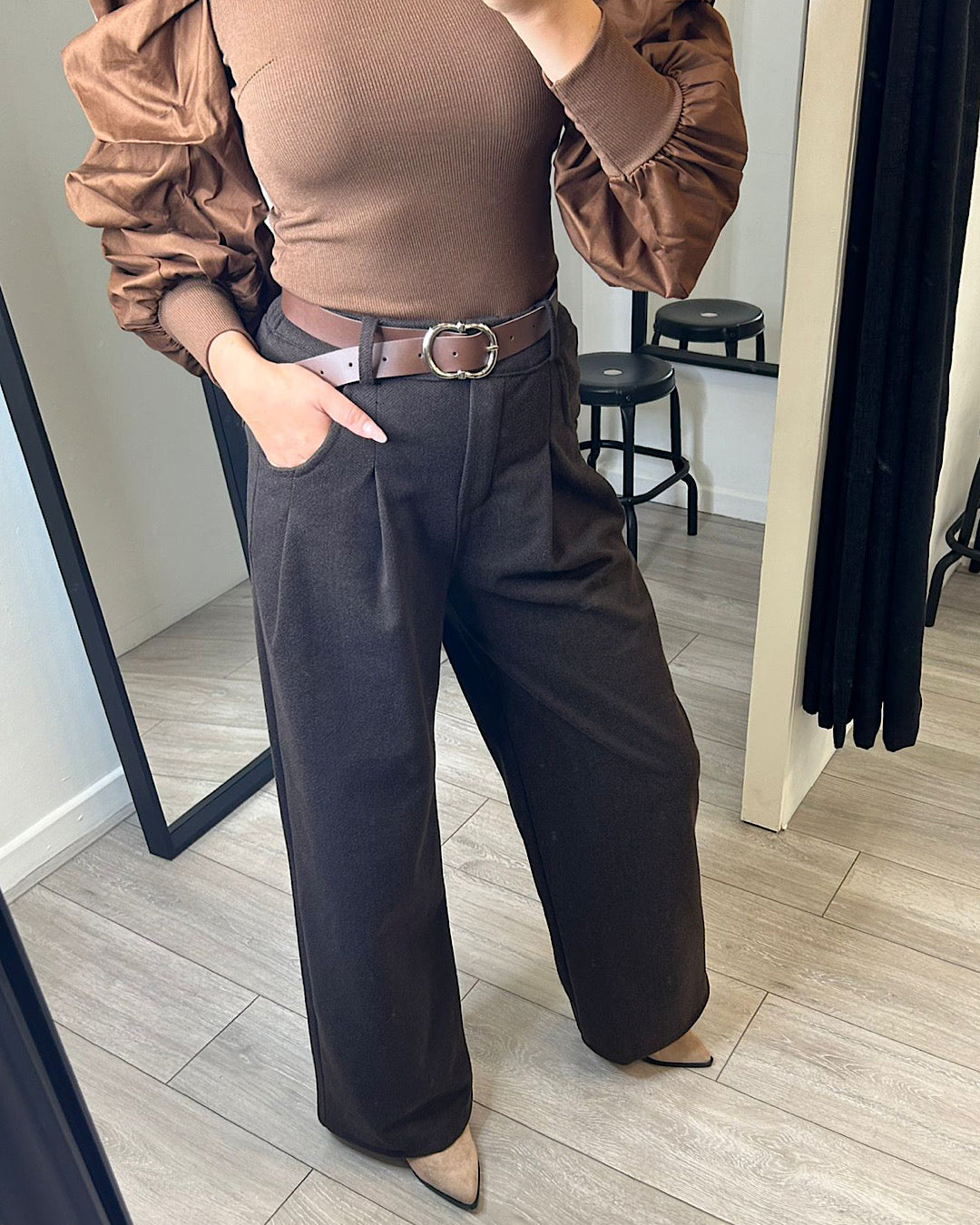 Brown Belted Wide Leg Trousers