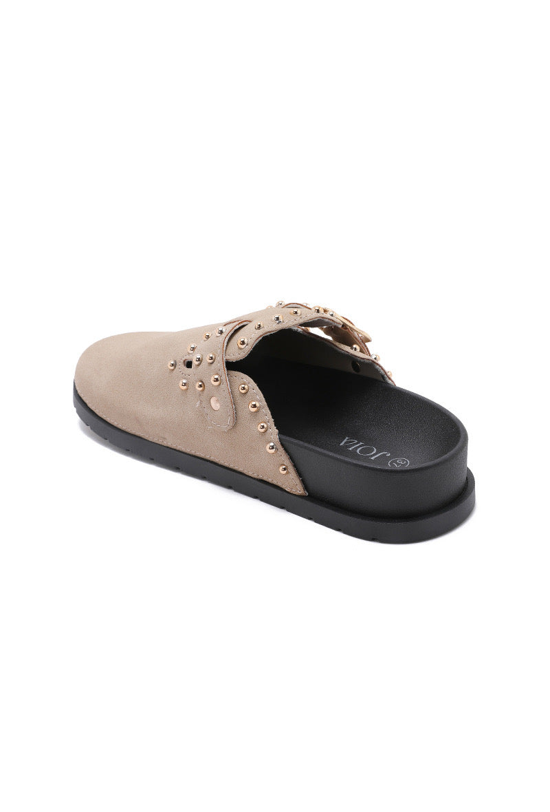 Beige Studded Faux Suede Clogs