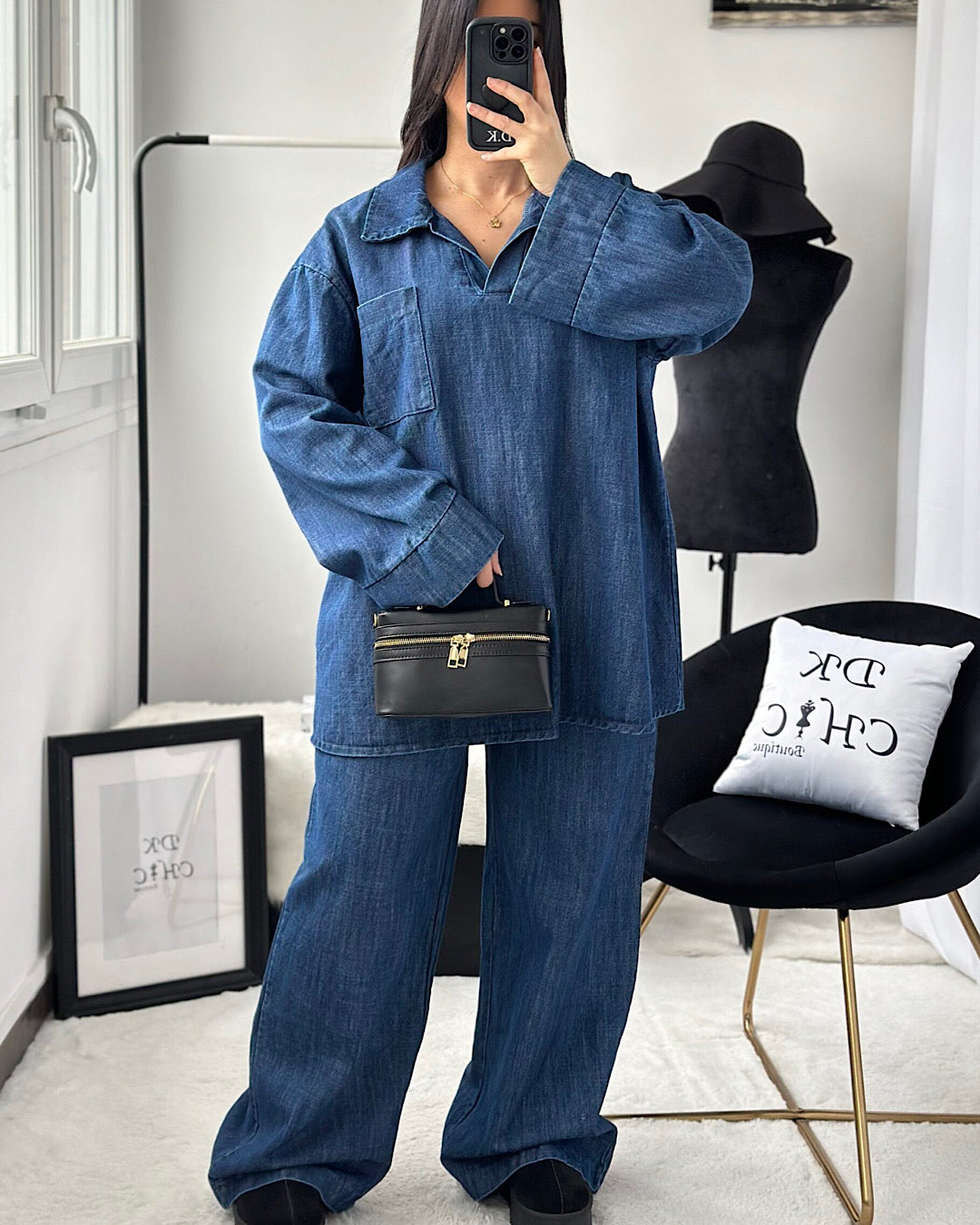 Dark Blue Collared Denim Suit