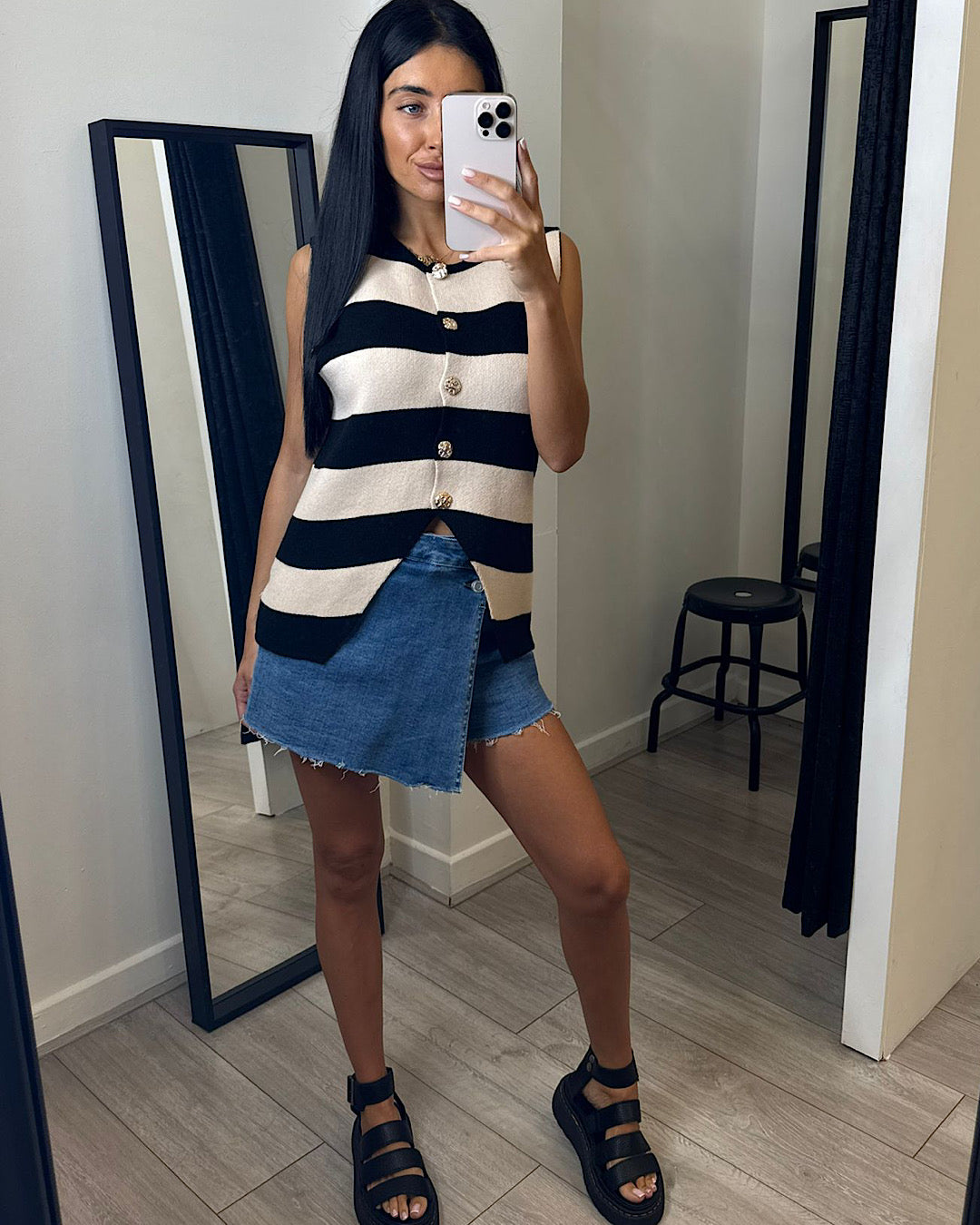 Black and Beige Knit Vest Top