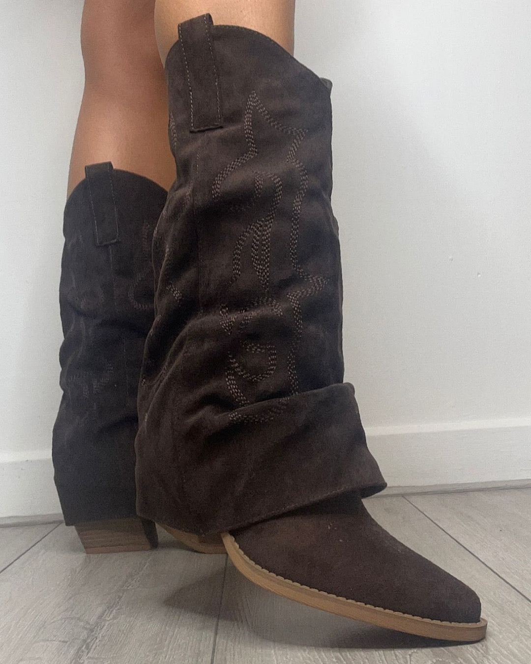 Chocolate Faux Suede Fold Over Cowboy Boots