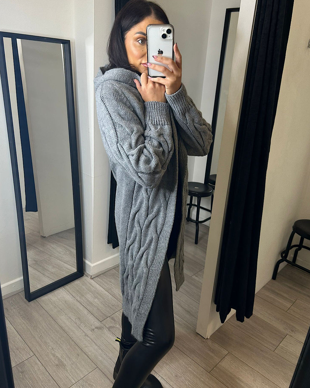 Dark Grey Cable Knit Hood Cardigan