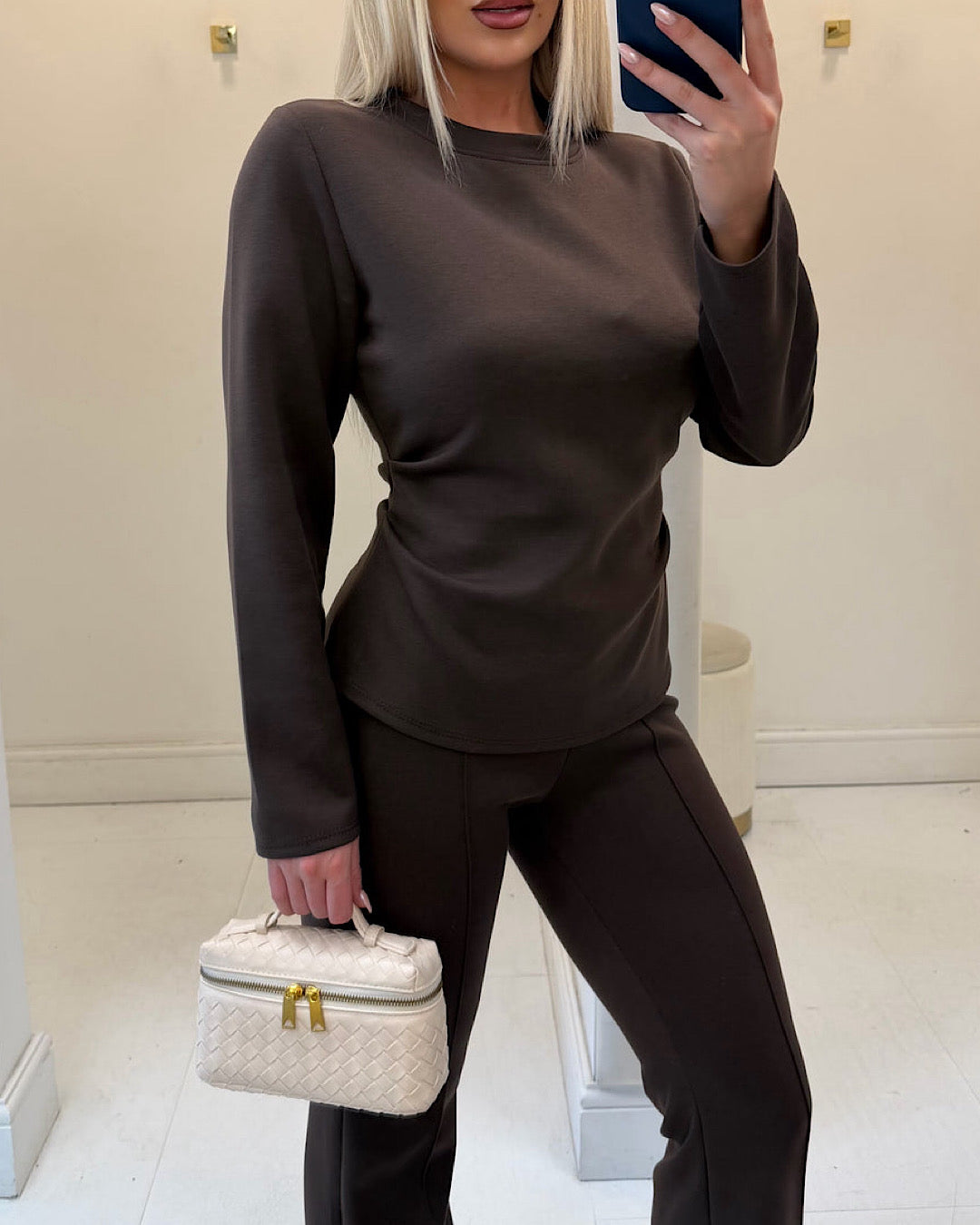 Brown Ruched Top & Trousers Set