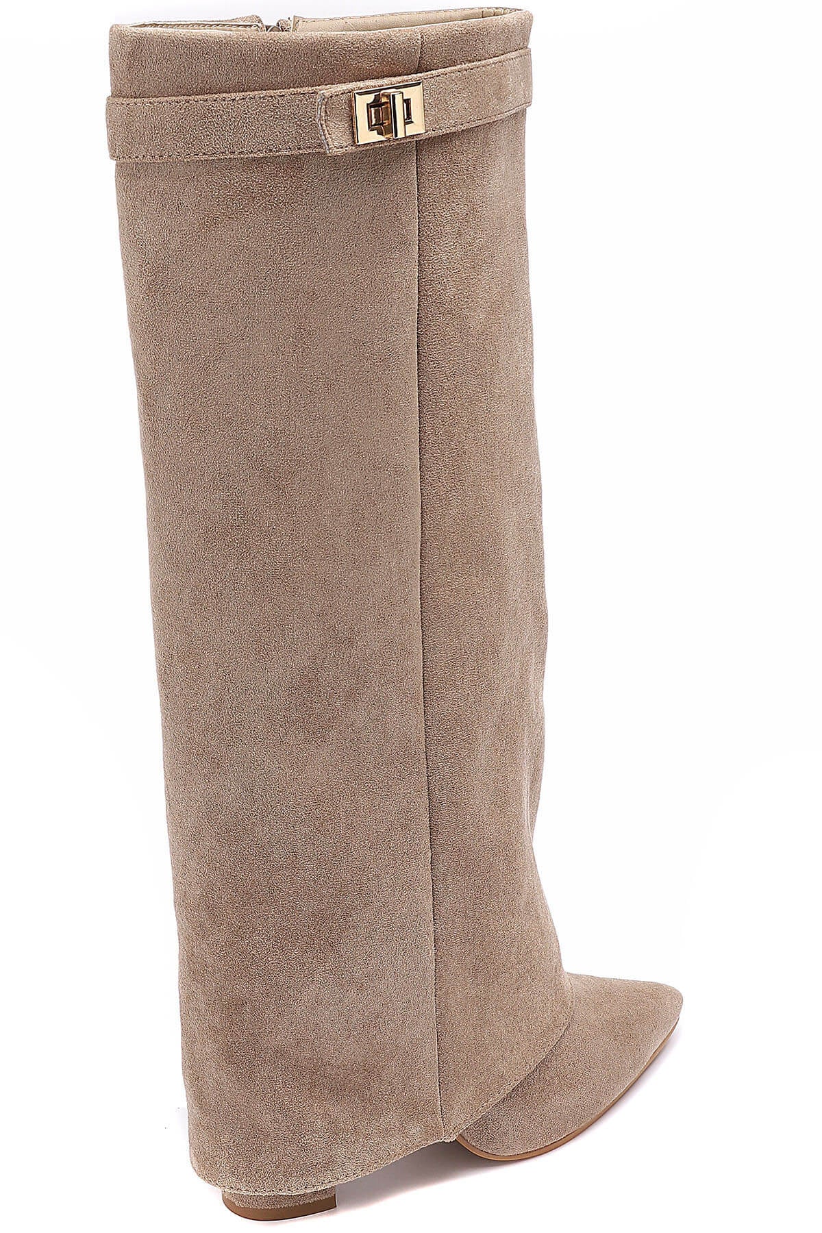Beige Faux Suede Buckle Knee Boots