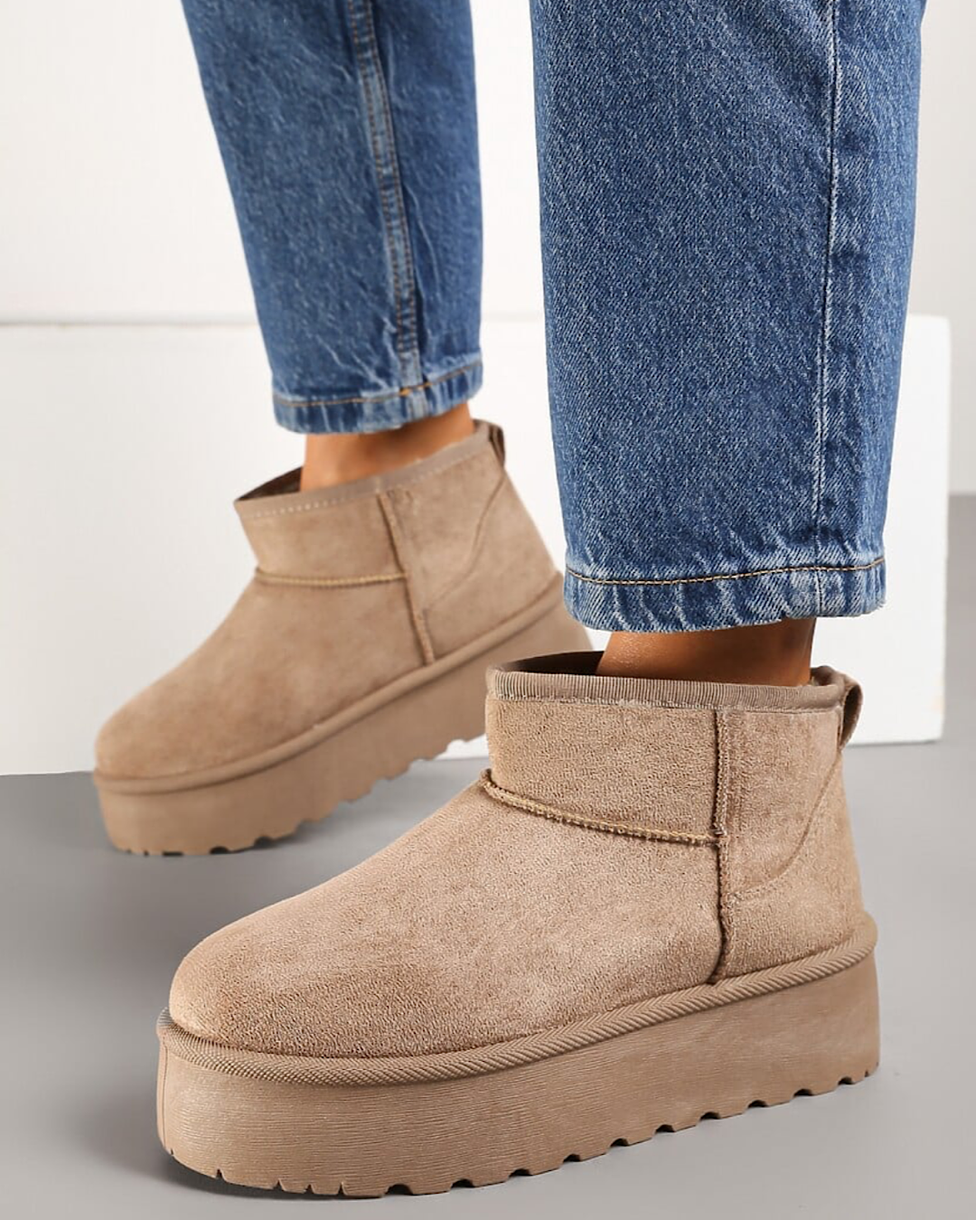 Beige Faux Suede Platform Boots