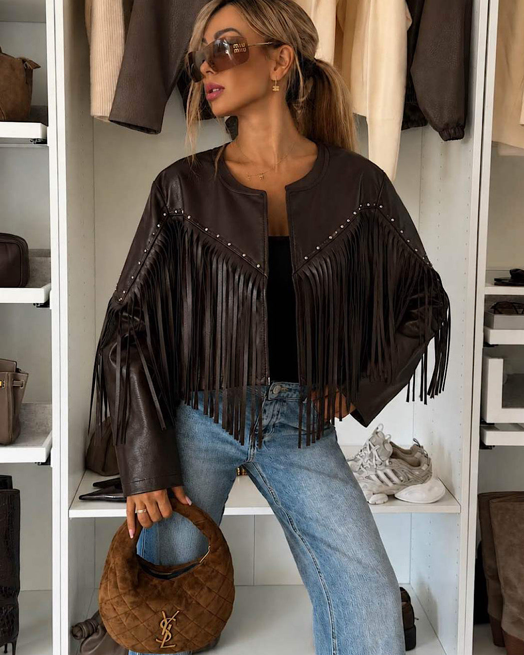 Brown Faux Leather Fringe Jacket