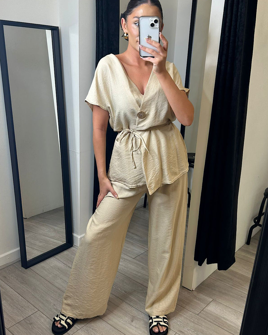 Beig Wrap Top and Trousers Suit