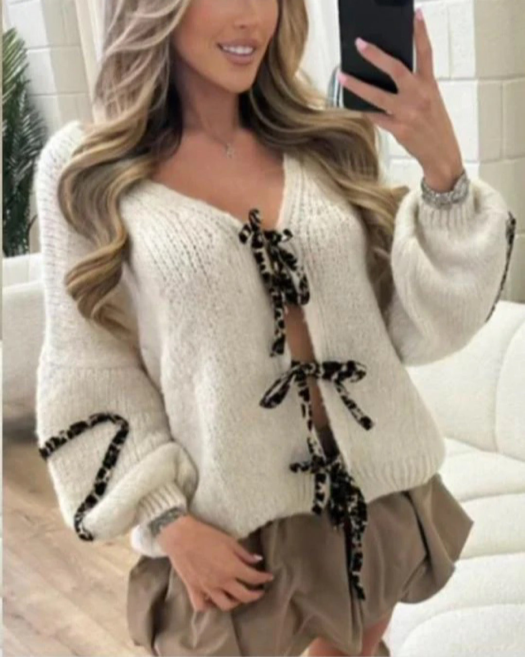 Beige Leopard Bow Cardigan