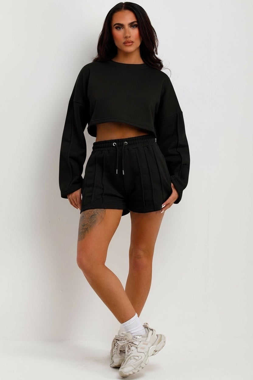 Black Cropped Sweat and Shorts Suit