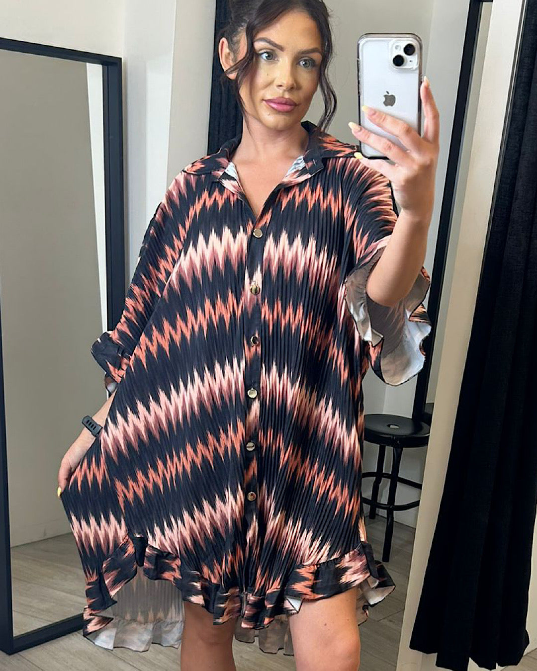 Zig Zag Print Frill Hem Shirt Dress
