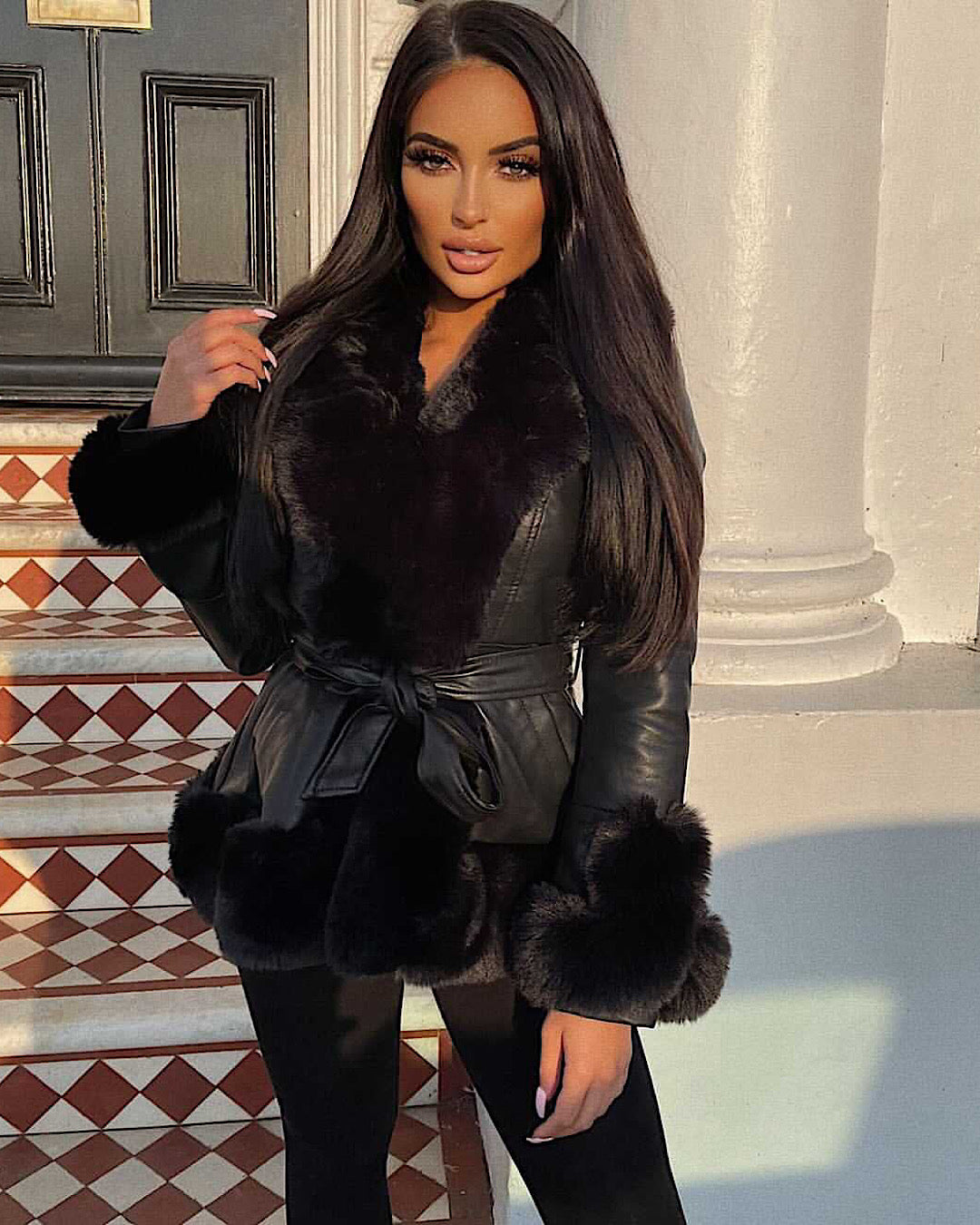 Black Belted Faux Leather/Fur Jacket