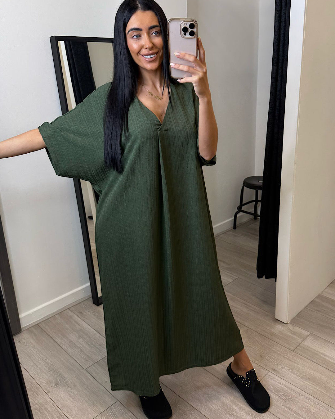 Khaki Oversized V Neck Maxi Dress