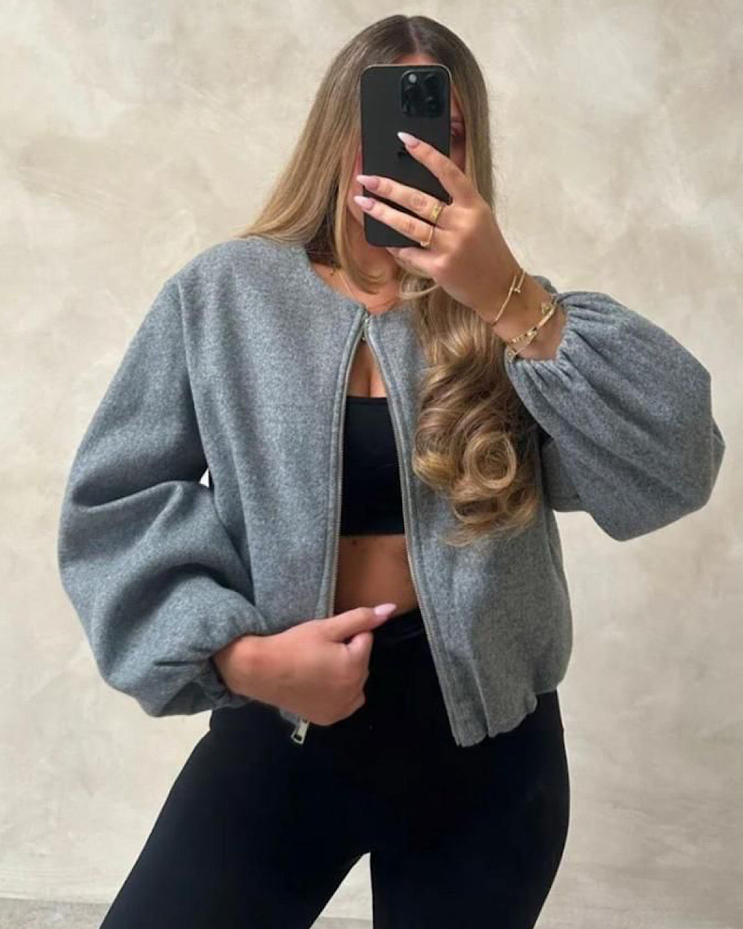Grey Balloon Sleeve Ruched Bomber Jacket
