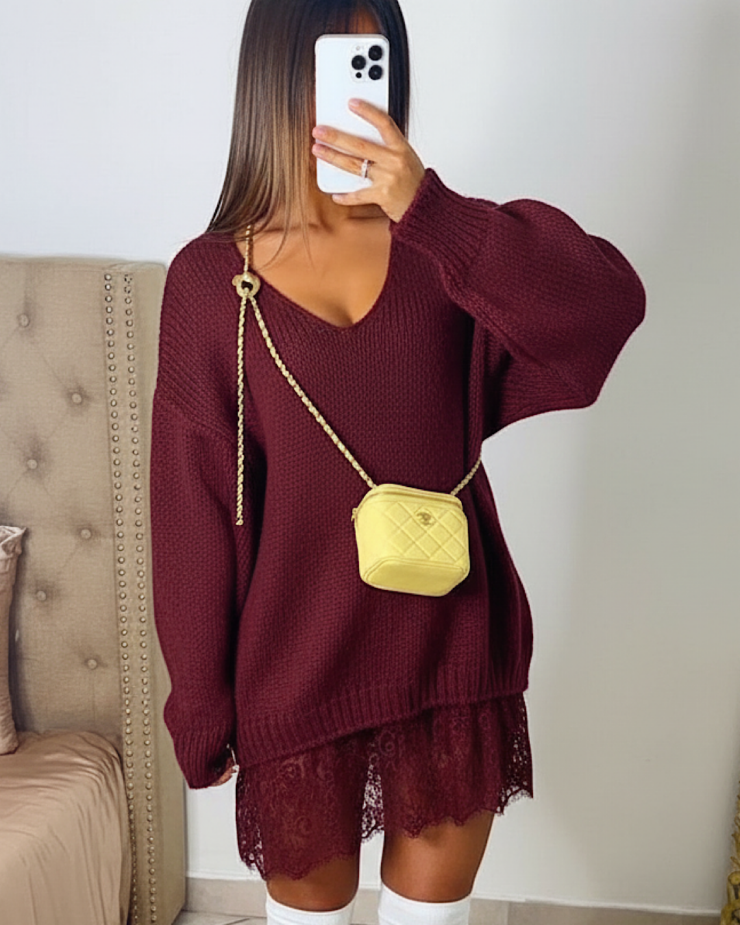 Wine Oversized Lace Knit Dress
