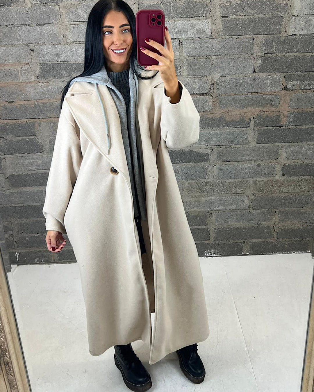 Beige Hooded Wool Coat