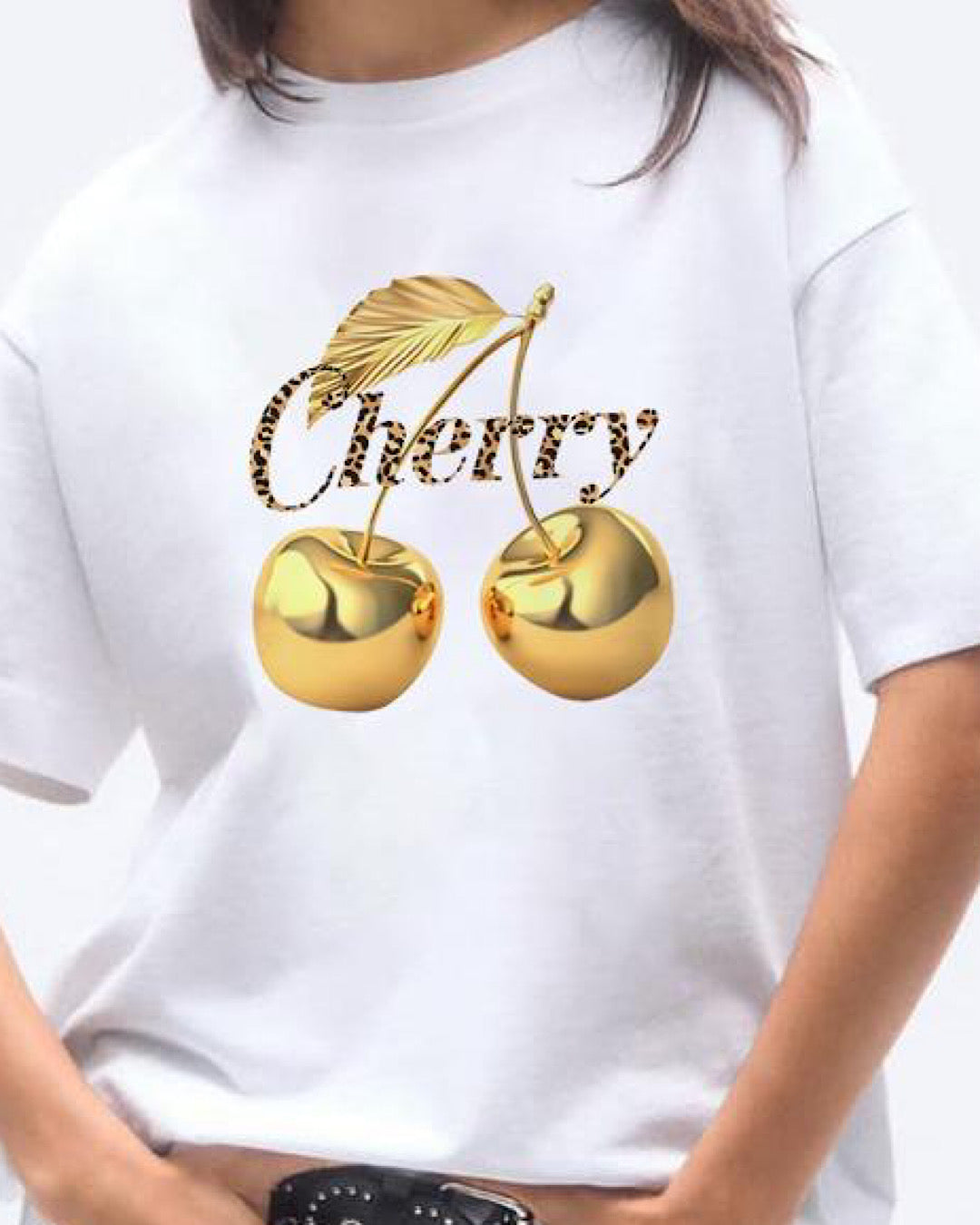 White Tee with Gold Cherries